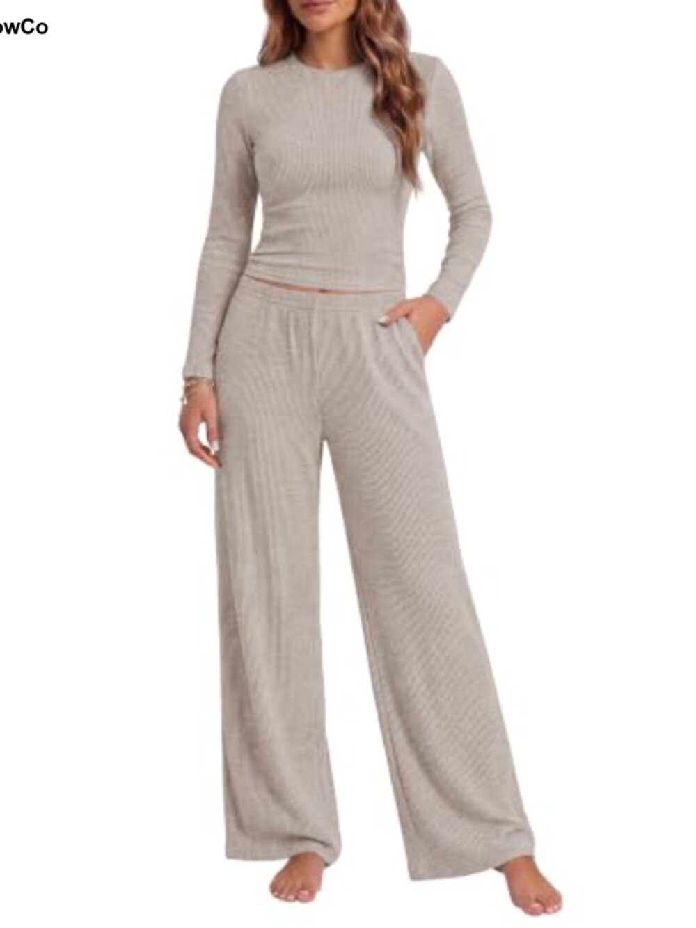 Womens 2 Piece Long Sleeve Pajama Set Ribbed Knit Lounge Set Slim Crop Top Wide